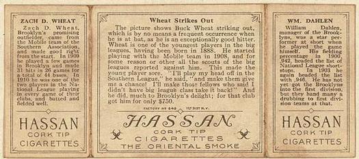 1912 Hassan Triple Folders T202 #NNO Wheat Strikes Out (Bill Dahlen / Zach Wheat) Back