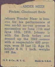 1943 M.P. & Co. (R302-1) #NNO Johnny Vander Meer Back