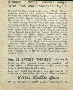 1948 Swell Sport Thrills #13 Winning Run: Mickey Cochrane / Goose Goslin / Tommy Bridges Back