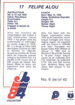 1984 Stuart Montreal Expos #6 Felipe Alou Back