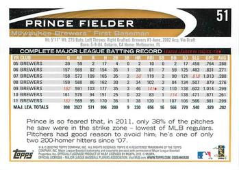 2012 Topps Opening Day #51 Prince Fielder Back