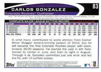 2012 Topps Opening Day #83 Carlos Gonzalez Back
