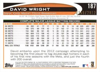 2012 Topps Opening Day - Blue #187 David Wright Back