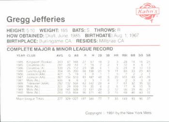 1991 Kahn's New York Mets #NNO Gregg Jefferies Back