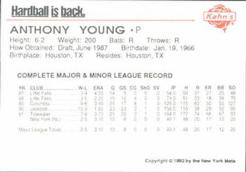 1992 Kahn's New York Mets #NNO Anthony Young Back