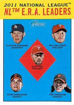 2012 Topps Heritage #5 NL E.R.A. Leaders (Clayton Kershaw / Roy Halladay / Cliff Lee / Ryan Vogelsong / Tim Lincecum) Front
