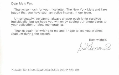 1986 Barry Colla New York Mets Photocards #2086 Sid Fernandez Back