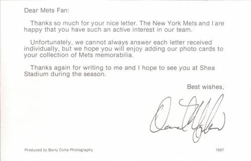 1987 Barry Colla New York Mets Postcards #1687 Dave Magadan Back