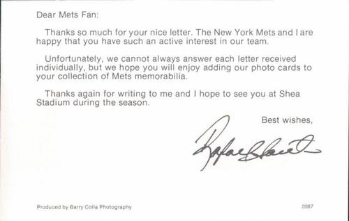 1987 Barry Colla New York Mets Postcards #2087 Rafael Santana Back