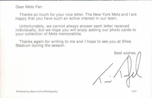 1987 Barry Colla New York Mets Postcards #2187 Tim Teufel Back