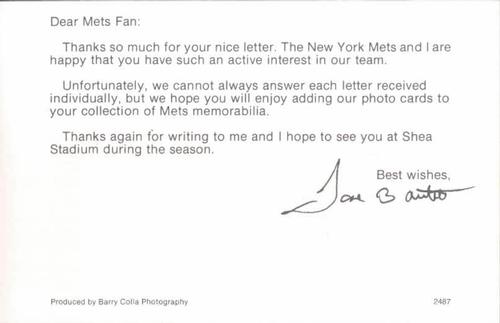 1987 Barry Colla New York Mets Postcards #2487 Jose Bautista Back
