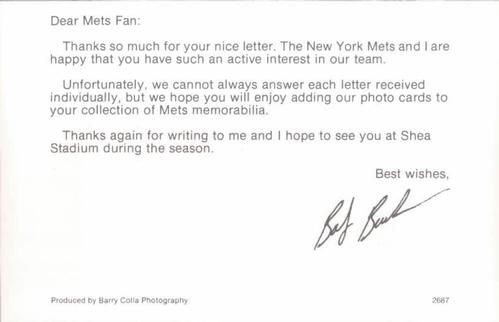 1987 Barry Colla New York Mets Postcards #2687 Bob Buchanan Back