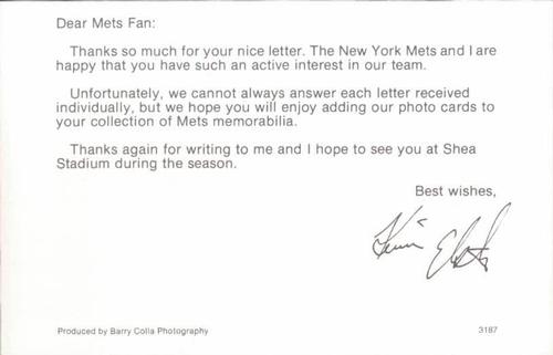 1987 Barry Colla New York Mets Postcards #3187 Kevin Elster Back