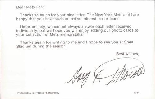 1987 Barry Colla New York Mets Postcards #5387 Gary Thorne Back