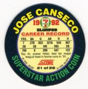 1992 Score 7-Eleven Superstar Action Coins #21 Jose Canseco Back
