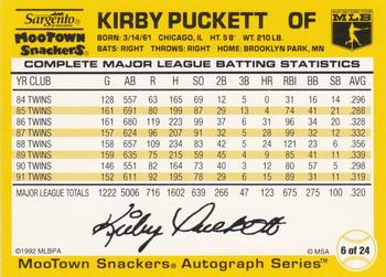1992 MooTown Snackers #6 Kirby Puckett Back