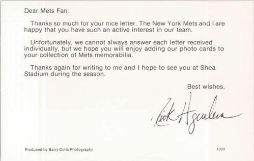 1988 Barry Colla New York Mets Postcards #1388 Rick Aguilera Back