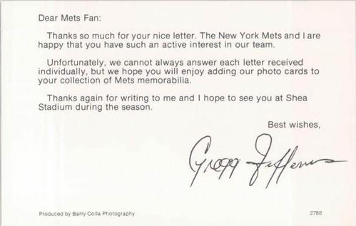 1988 Barry Colla New York Mets Postcards #2788 Gregg Jefferies Back