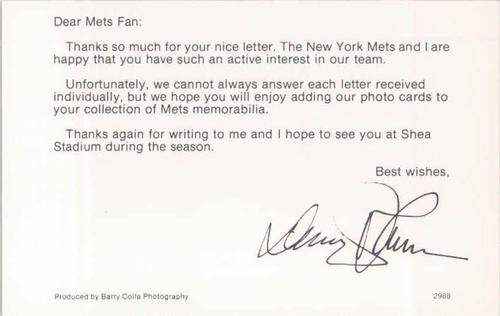 1988 Barry Colla New York Mets Postcards #2988 Davey Johnson Back