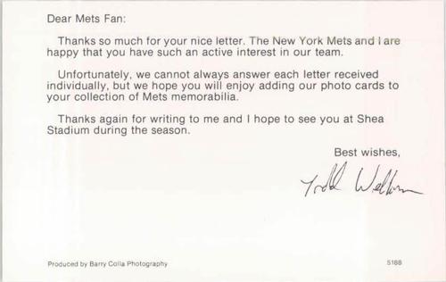 1988 Barry Colla New York Mets Postcards #5188 Todd Welborn Back