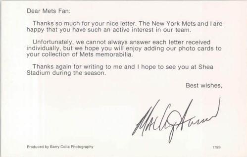 1989 Barry Colla New York Mets Postcards #1789 Mackey Sasser Back