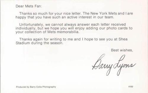 1989 Barry Colla New York Mets Postcards #4189 Barry Lyons Back