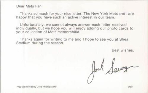 1989 Barry Colla New York Mets Postcards #5189 Jack Savage Back