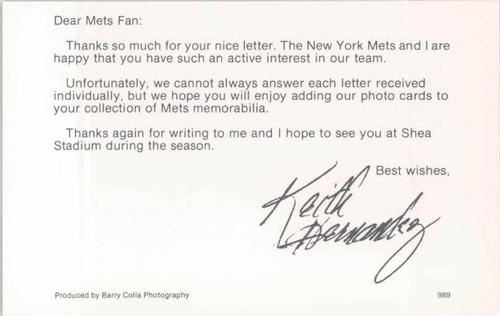 1989 Barry Colla New York Mets Postcards #989 Keith Hernandez Back