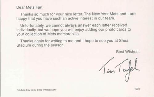 1990 Barry Colla New York Mets Postcards #1090 Tim Teufel Back