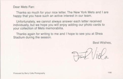 1990 Barry Colla New York Mets Postcards #1190 Frank Viola Back