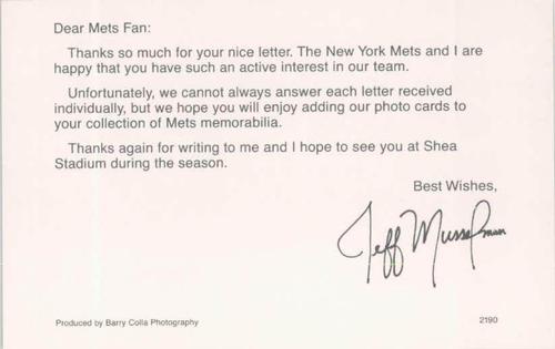 1990 Barry Colla New York Mets Postcards #2190 Jeff Musselman Back