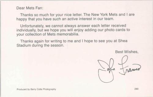 1990 Barry Colla New York Mets Postcards #290 John Franco Back