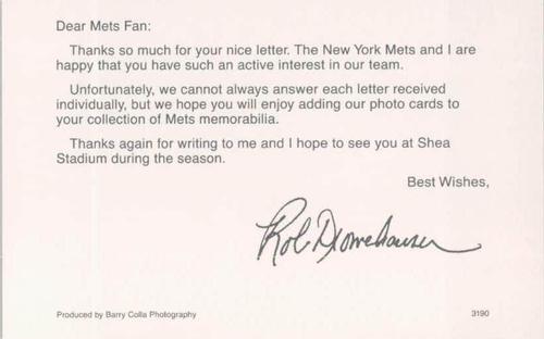 1990 Barry Colla New York Mets Postcards #3190 Rob Dromerhauser Back