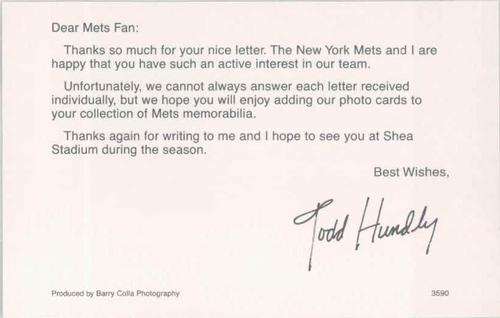 1990 Barry Colla New York Mets Postcards #3590 Todd Hundley Back