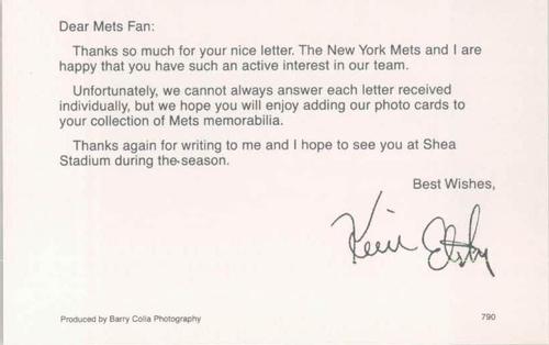 1990 Barry Colla New York Mets Postcards #790 Kevin Elster Back