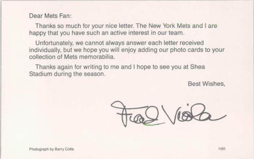 1991 Barry Colla New York Mets Postcards #1191 Frank Viola Back