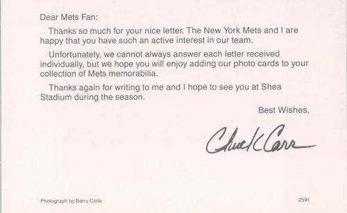 1991 Barry Colla New York Mets Postcards #2591 Chuck Carr Back