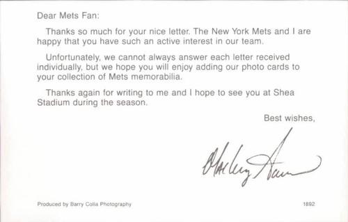 1992 Barry Colla New York Mets Postcards #1892 Mackey Sasser Back