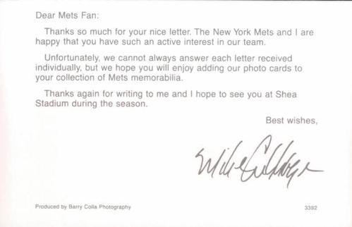 1992 Barry Colla New York Mets Postcards #3392 Mike Cubbage Back