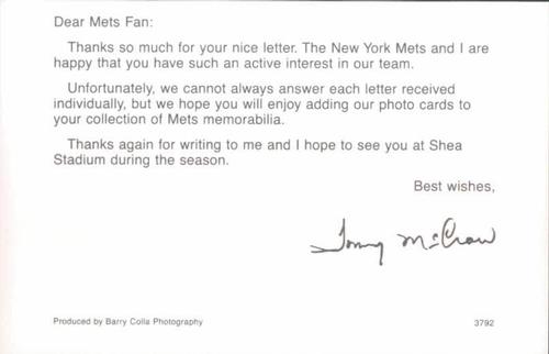 1992 Barry Colla New York Mets Postcards #3792 Tom McCraw Back