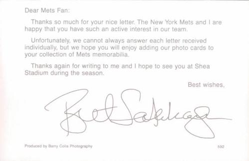 1992 Barry Colla New York Mets Postcards #592 Bret Saberhagen Back