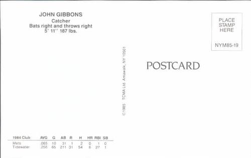 1985 TCMA New York Mets Postcards #NYM85-19 John Gibbons Back