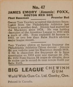 1936 World Wide Gum (V355) #47 Jimmie Foxx Back