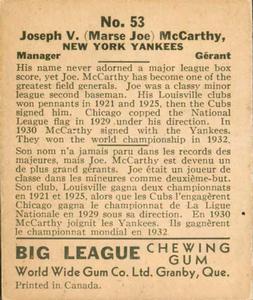 1936 World Wide Gum (V355) #53 Joe McCarthy Back