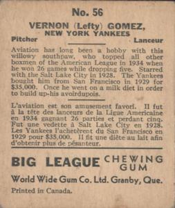 1936 World Wide Gum (V355) #56 Lefty Gomez Back