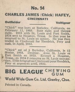 1936 World Wide Gum (V355) #94 Chick Hafey Back