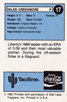 1987 TacoTime Salt Lake Trappers #17 Niles Creekmore Back