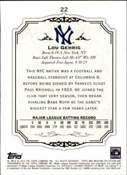 2012 Topps Museum Collection #22 Lou Gehrig Back