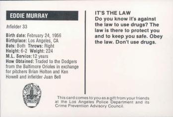 1989 Los Angeles Dodgers Police #NNO Eddie Murray Back