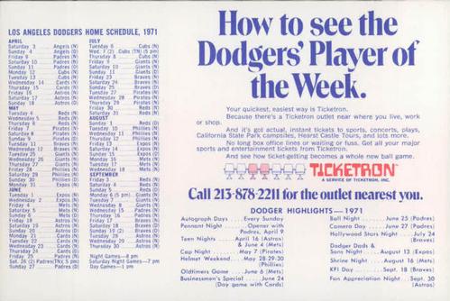 1971 Ticketron Los Angeles Dodgers #10 Joe Moeller Back